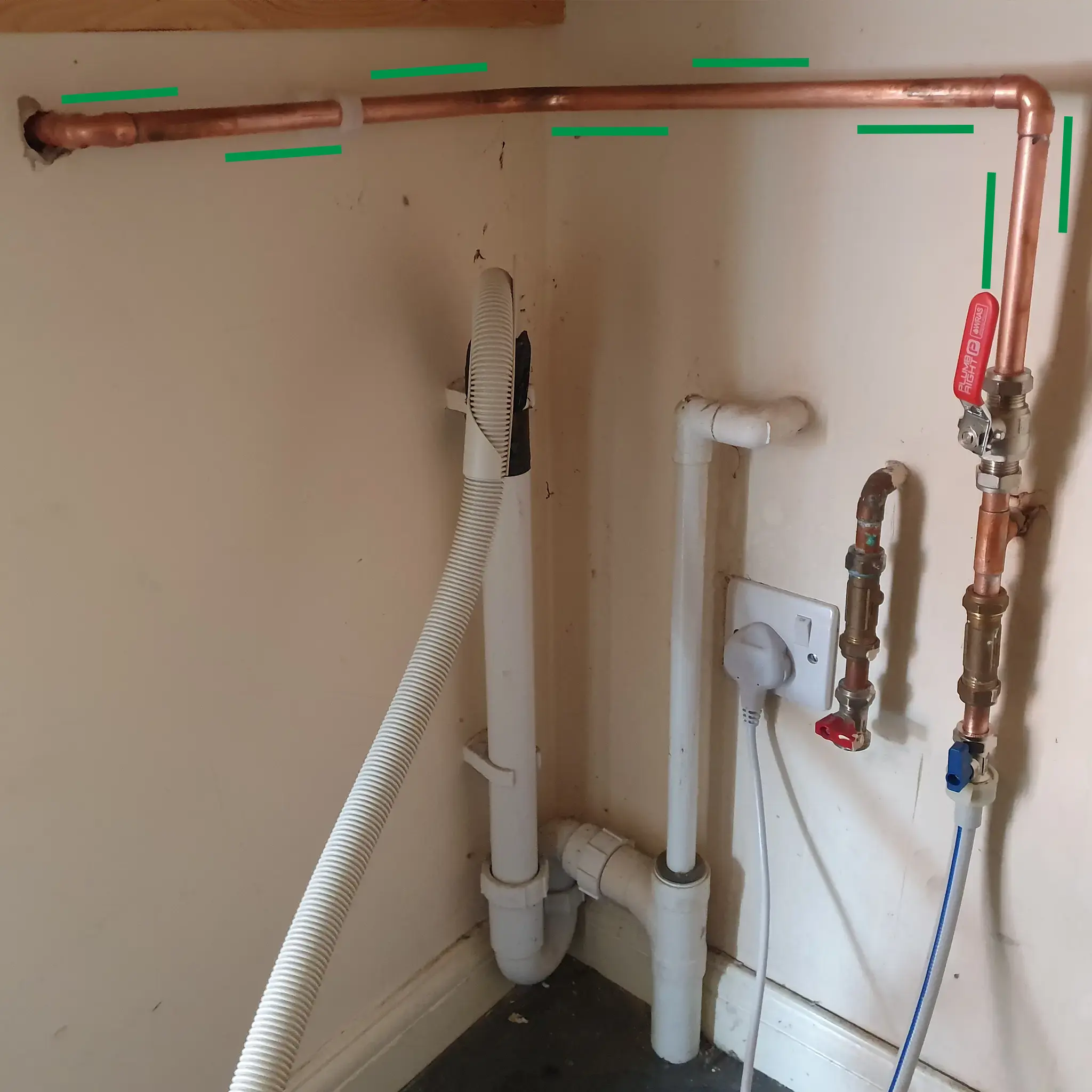 Completed copper pipework attached to cold water supply pipe